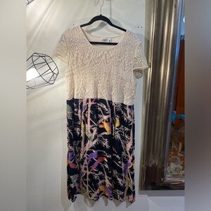 OOAK Upcycled Cato Crochet top and crepe rayon parrot motif skirt dress